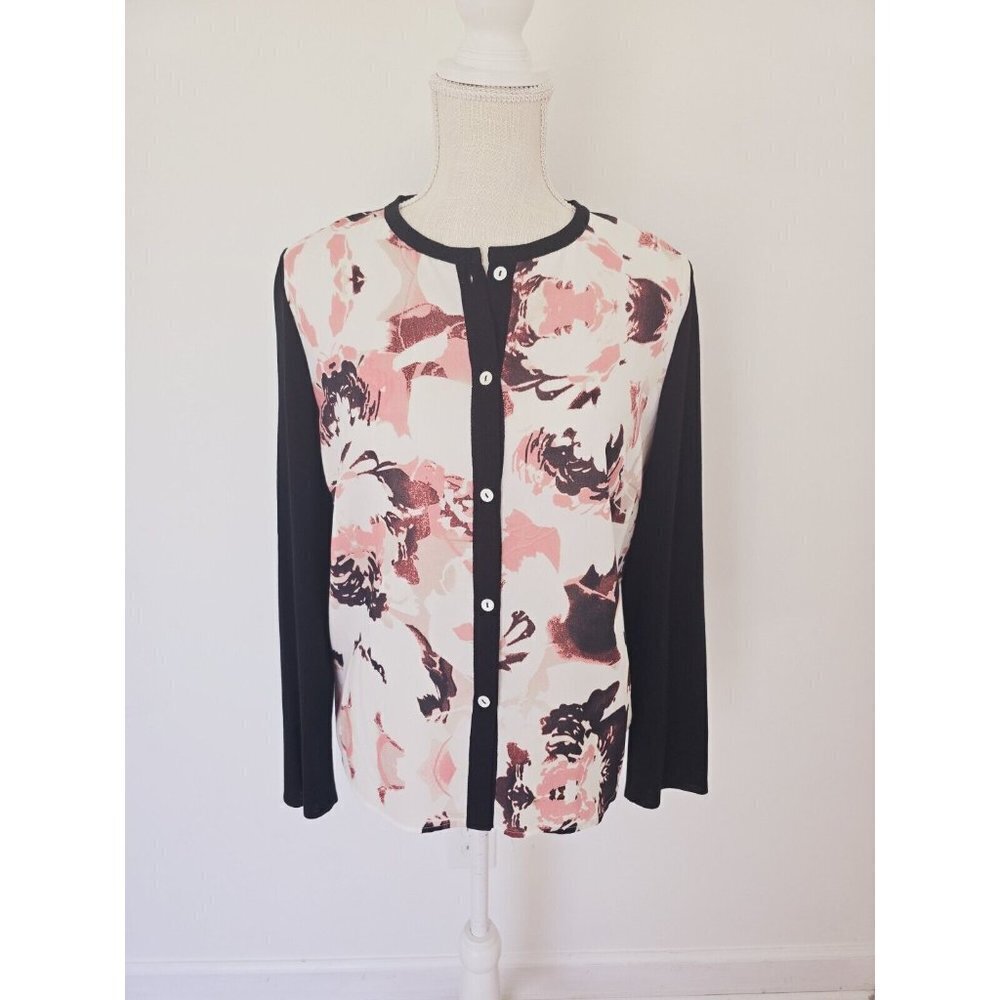 Ming Wang Multicolor Floral Button Front Cardigan Knit Long Sleeve Blouse Top S